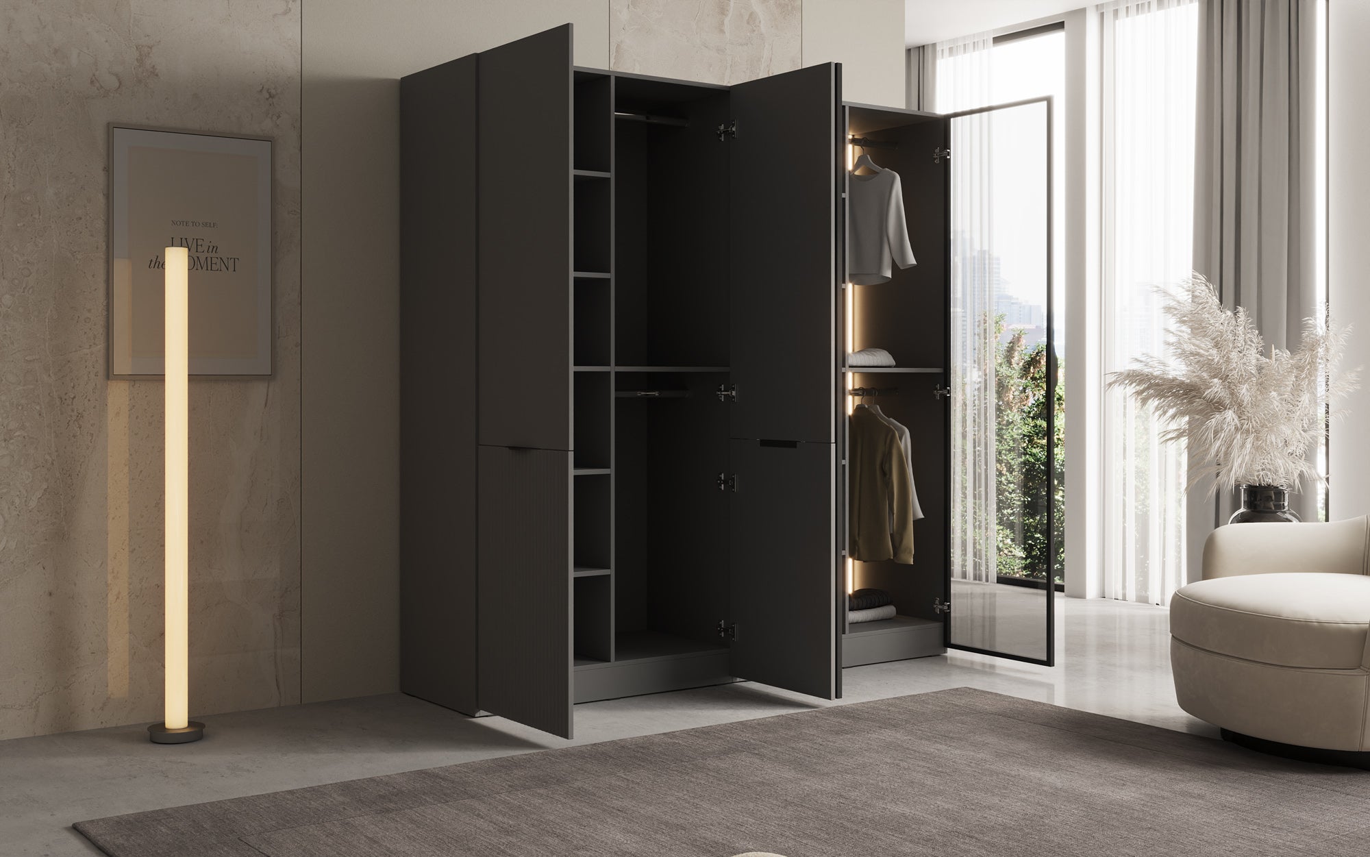 Modulo Nero – Modulært klædeskab med glas- og strukturfront