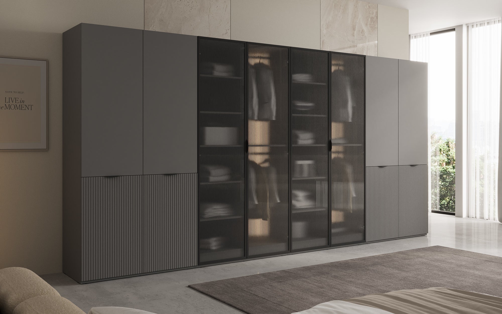 Modulo Rivon – Modulært design-garderobeskab med riffelglasfront og strukturpaneler