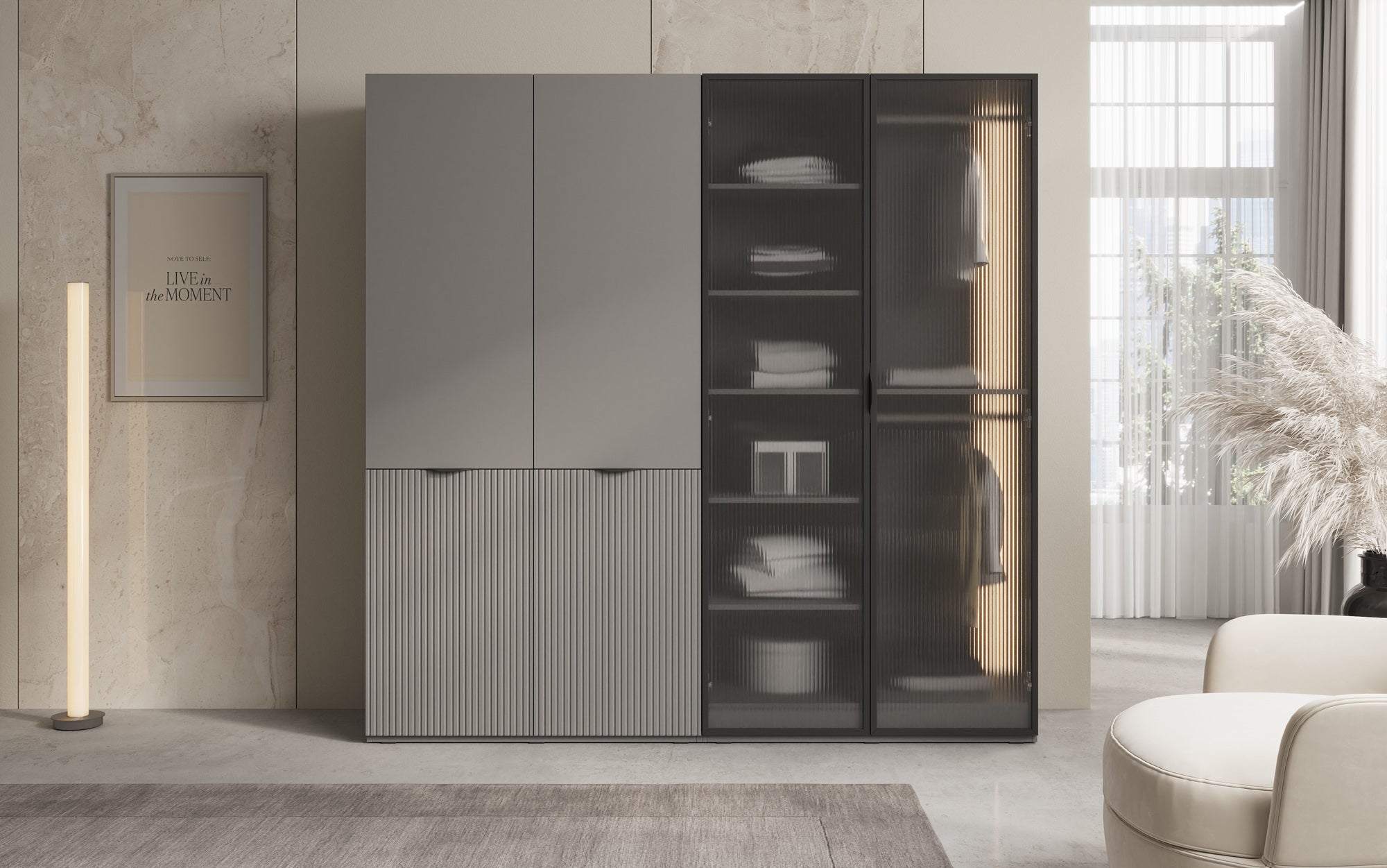 Modulo Ravo – Modulært klædeskab med rillede glasfront og strukturpanel