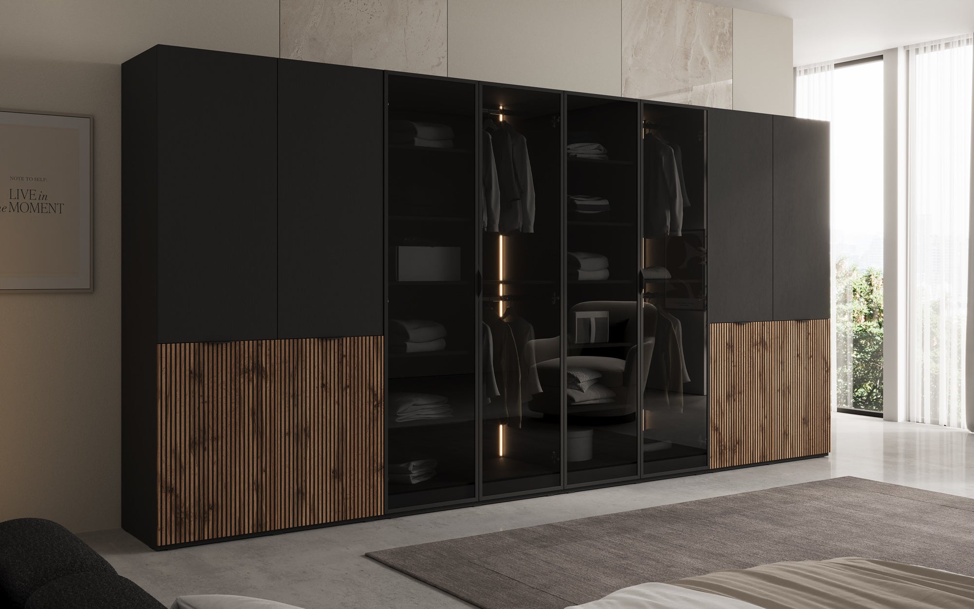 Modulo Arven XL – Firemoduls design-garderobeskab med træ- og glasfront