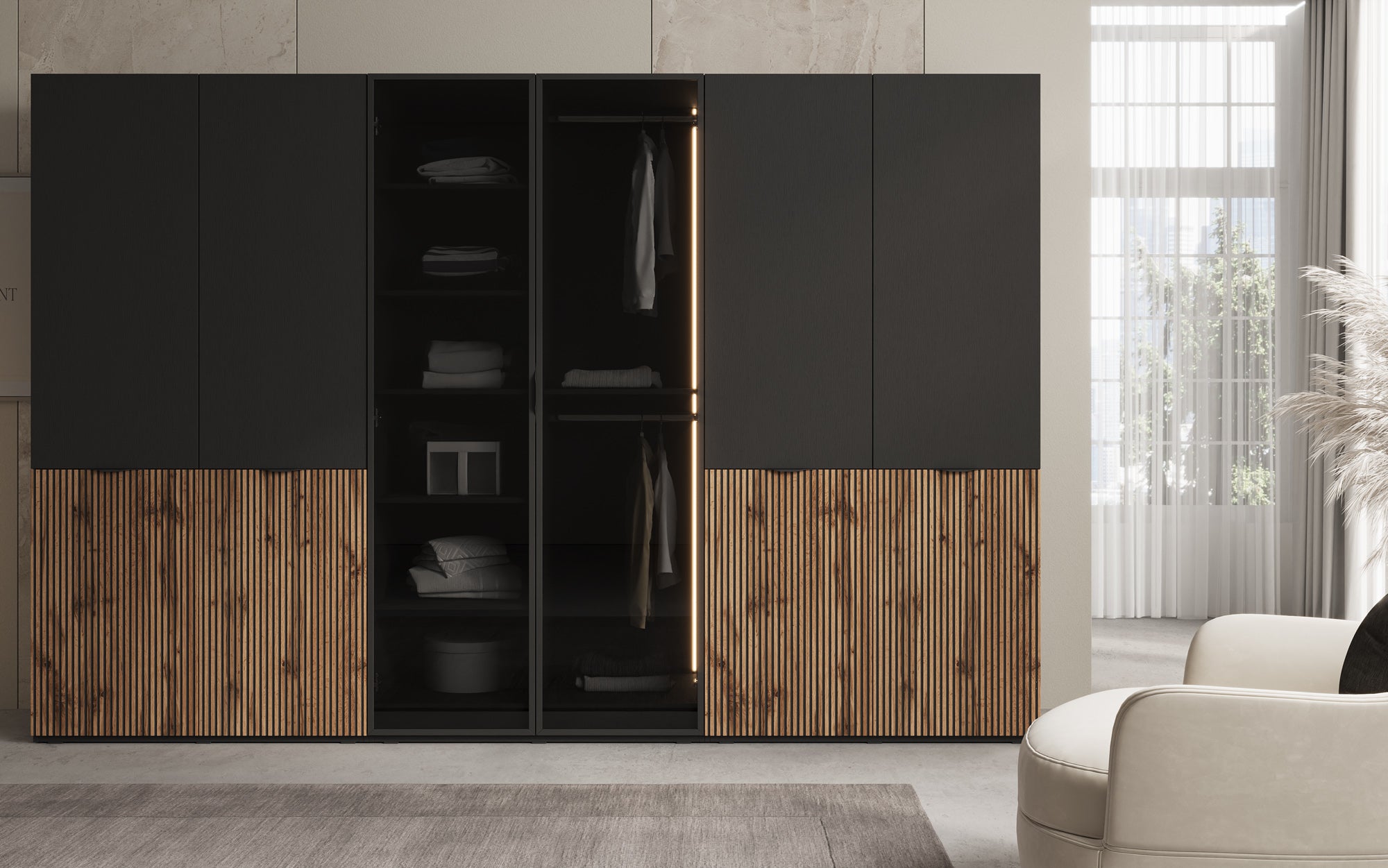 Modulo Arven – Tredelt design-garderobeskab med træ- og glasfront