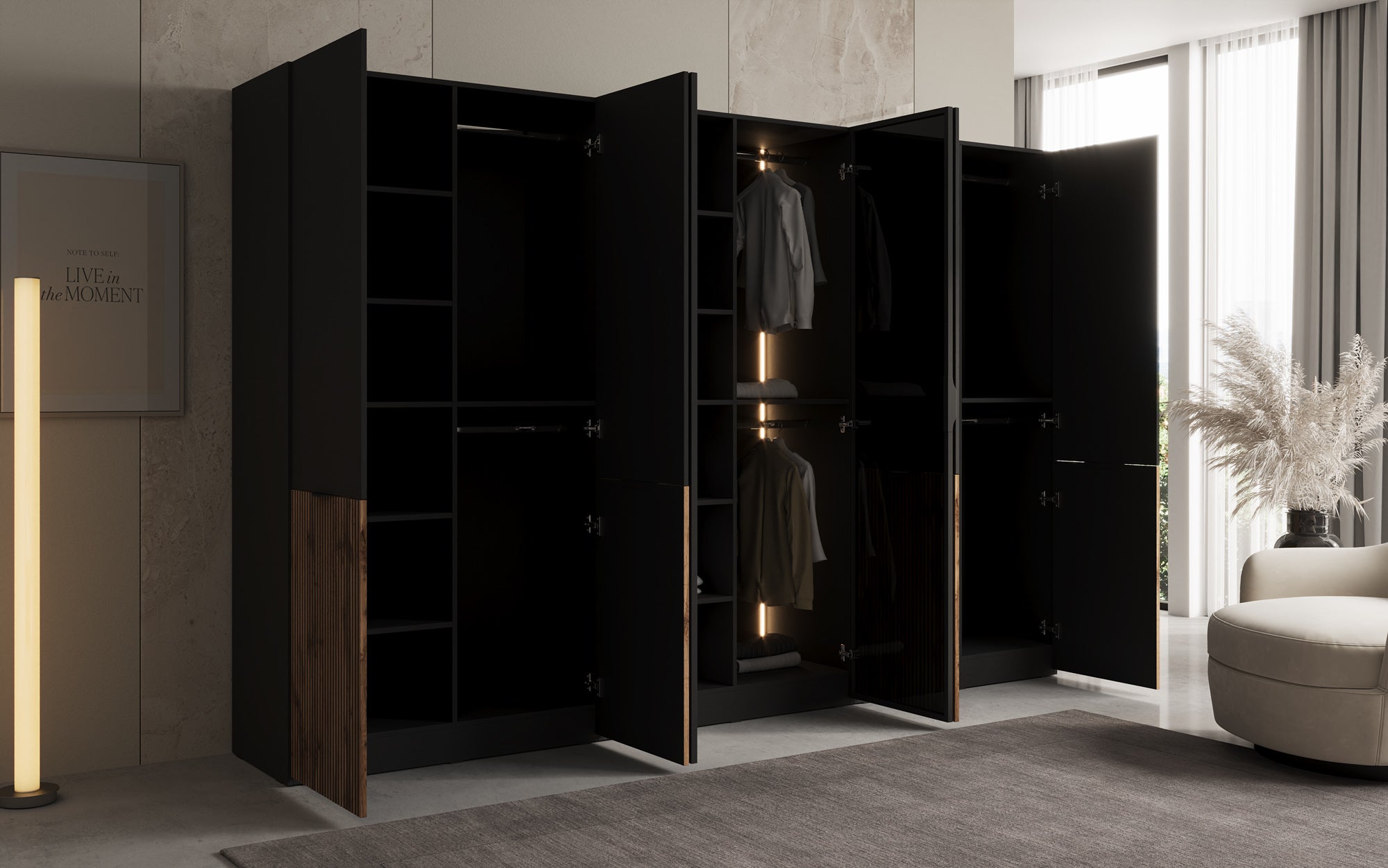 Modulo Arven – Tredelt design-garderobeskab med træ- og glasfront