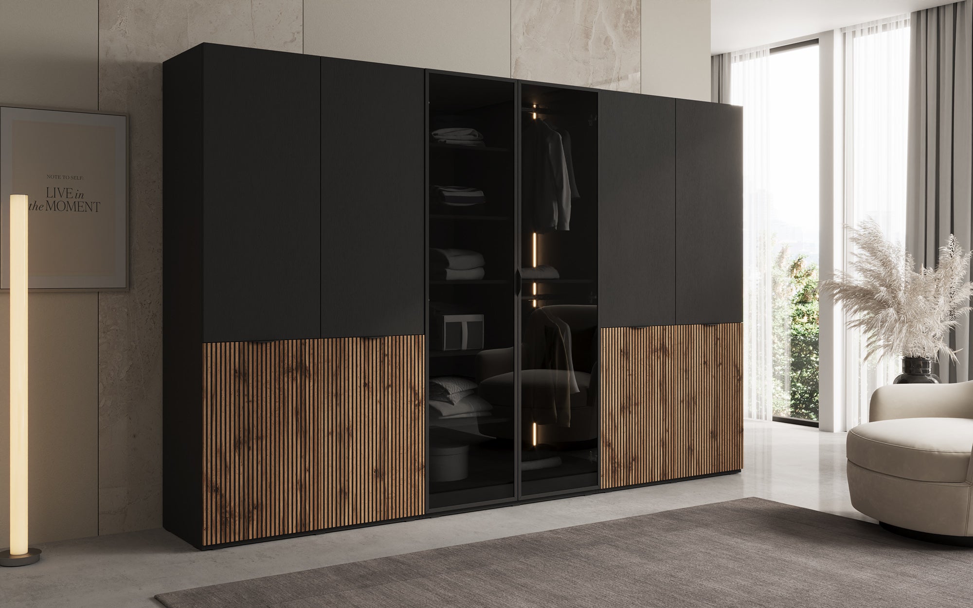 Modulo Arven – Tredelt design-garderobeskab med træ- og glasfront
