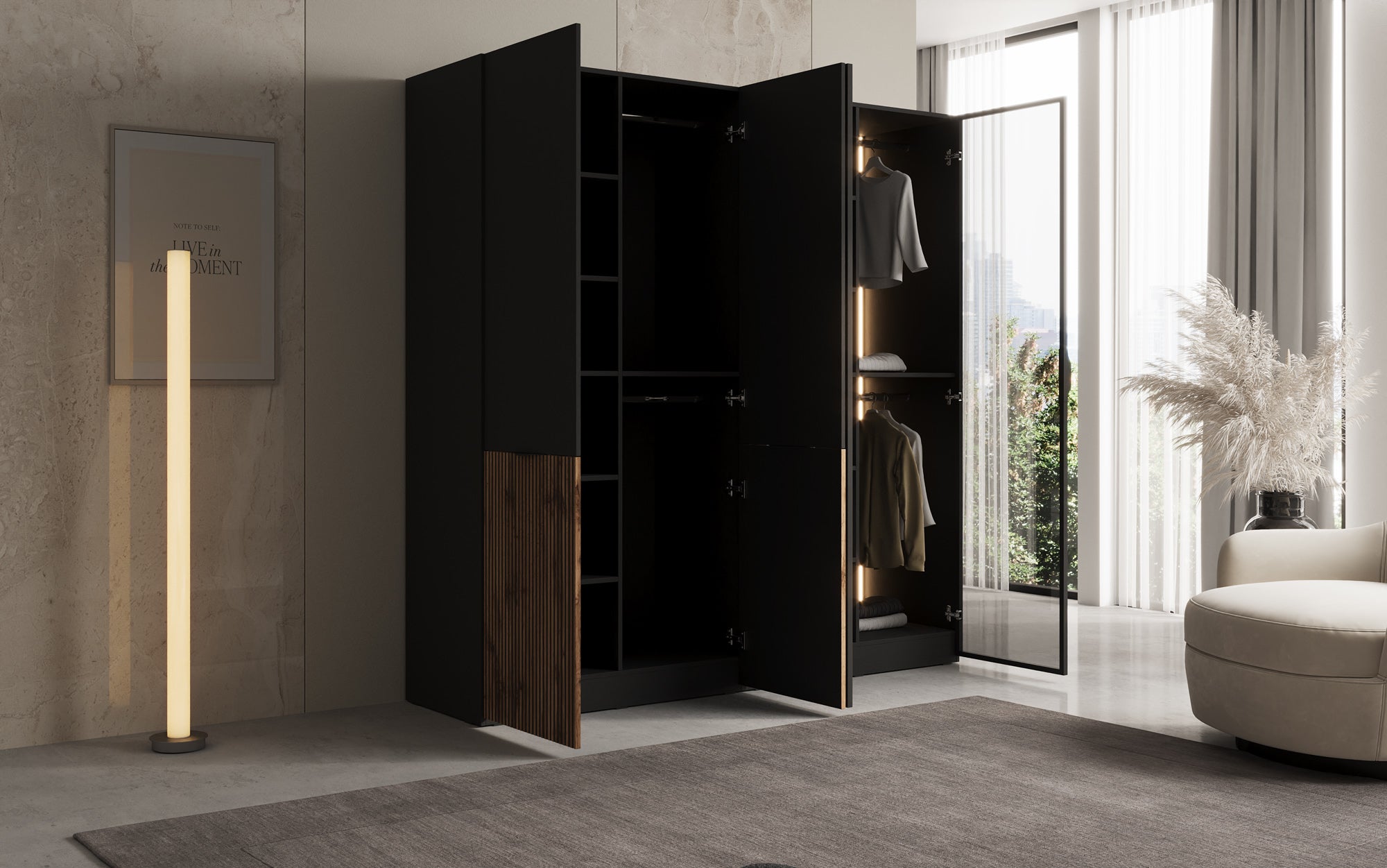 Modulo Varen – Zweimoduliger Design-Kleiderschrank mit Holz- und Glasfront