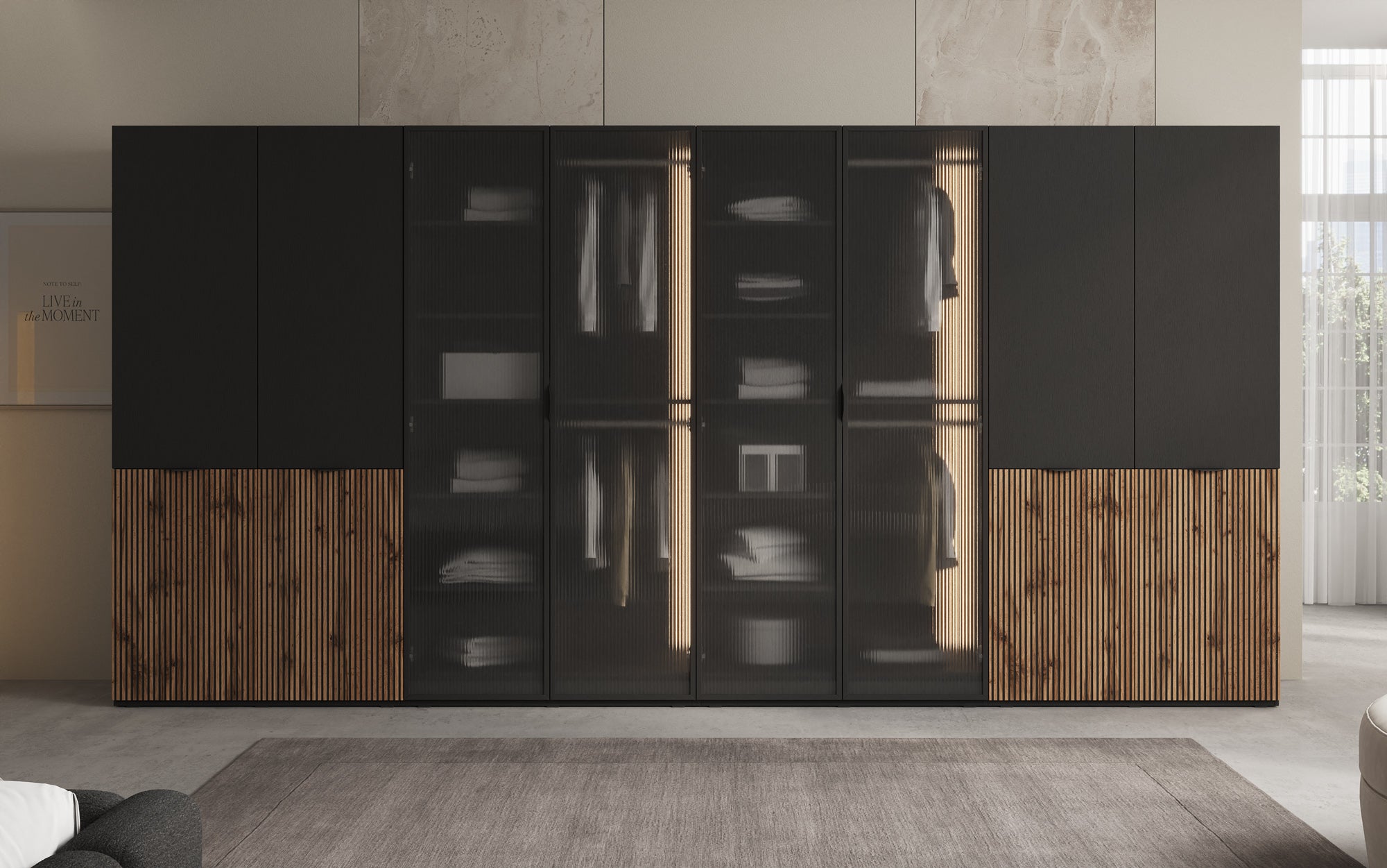Modulo Kalen – firemoduls design-garderobeskab med træ- og strukturglasfront