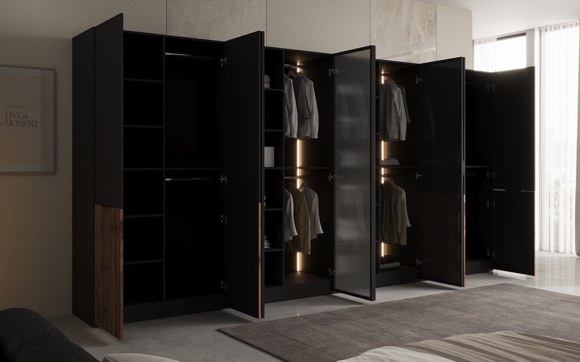 Modulo Kalen – firemoduls design-garderobeskab med træ- og strukturglasfront