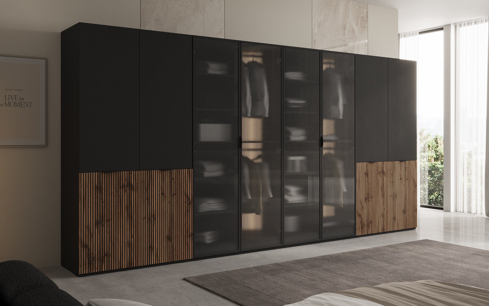 Modulo Kalen – firemoduls design-garderobeskab med træ- og strukturglasfront
