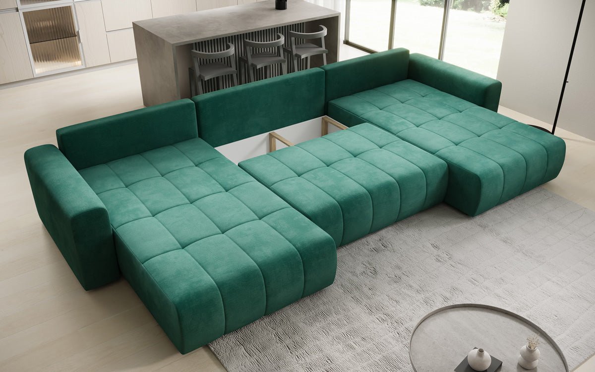 Designer Sofa Leveno U med sove- og klapfunktion i Velour