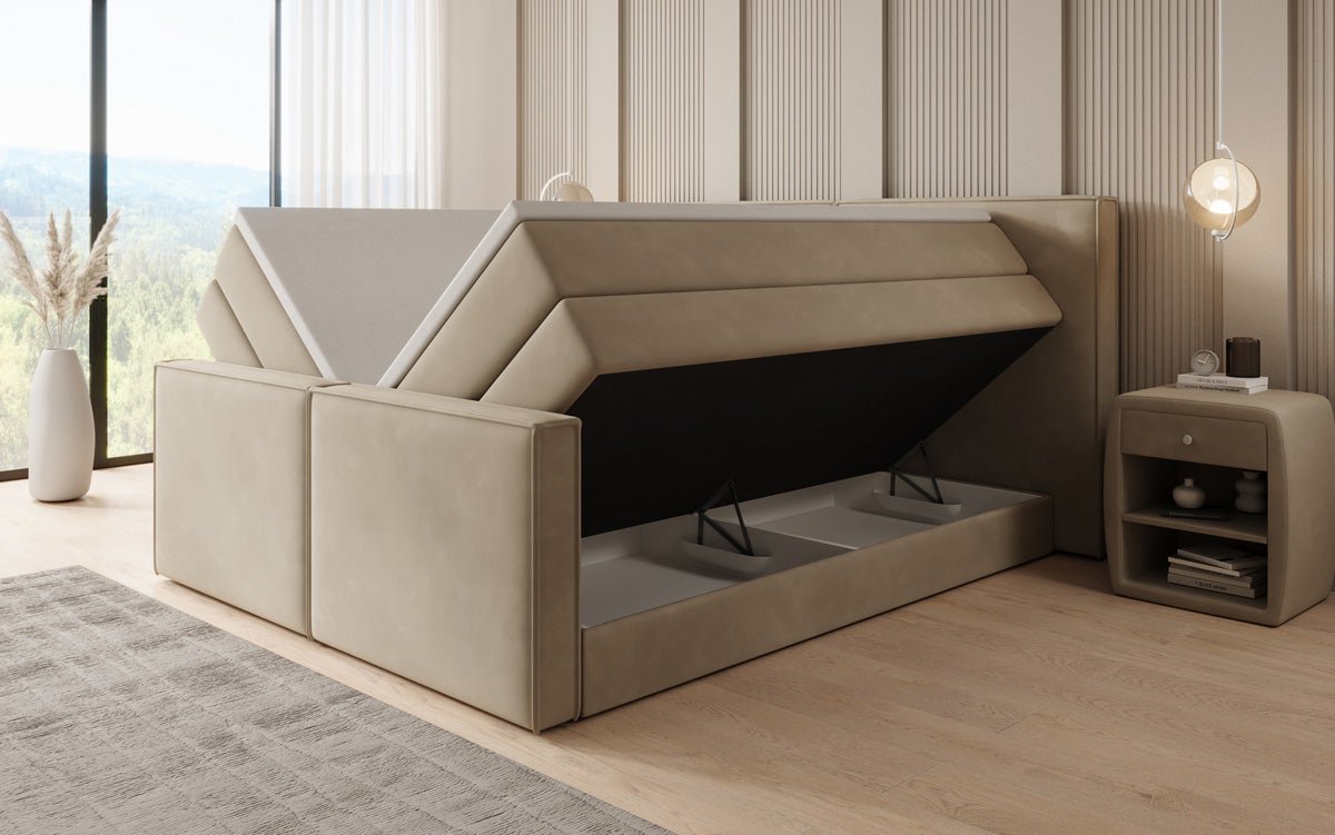 Kontinentalseng Ophelia II med højløftbar opbevaring i velour