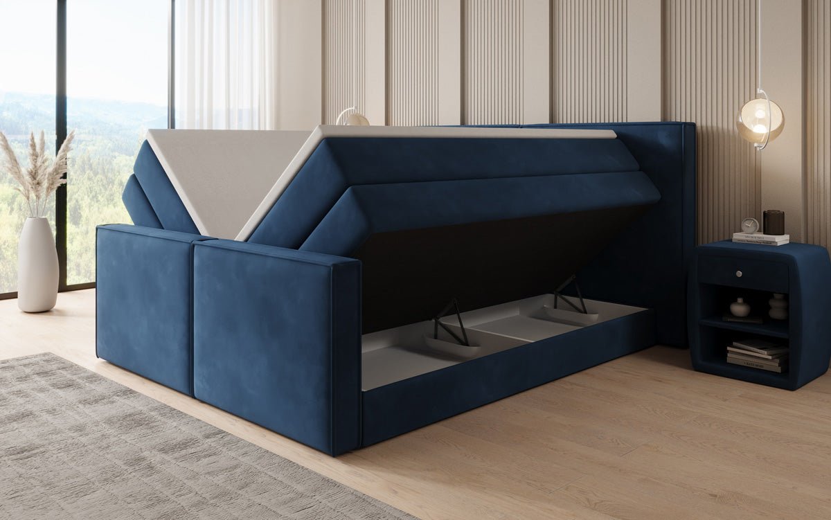 Kontinentalseng Ophelia II med højløftbar opbevaring i velour