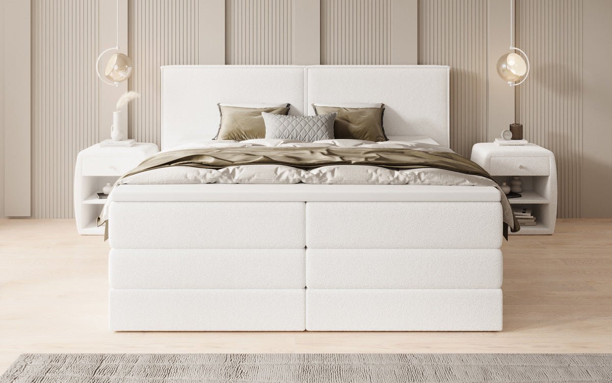 Kontinentalseng Ophelia med højløftbar opbevaringsplads i Teddy Bouclé