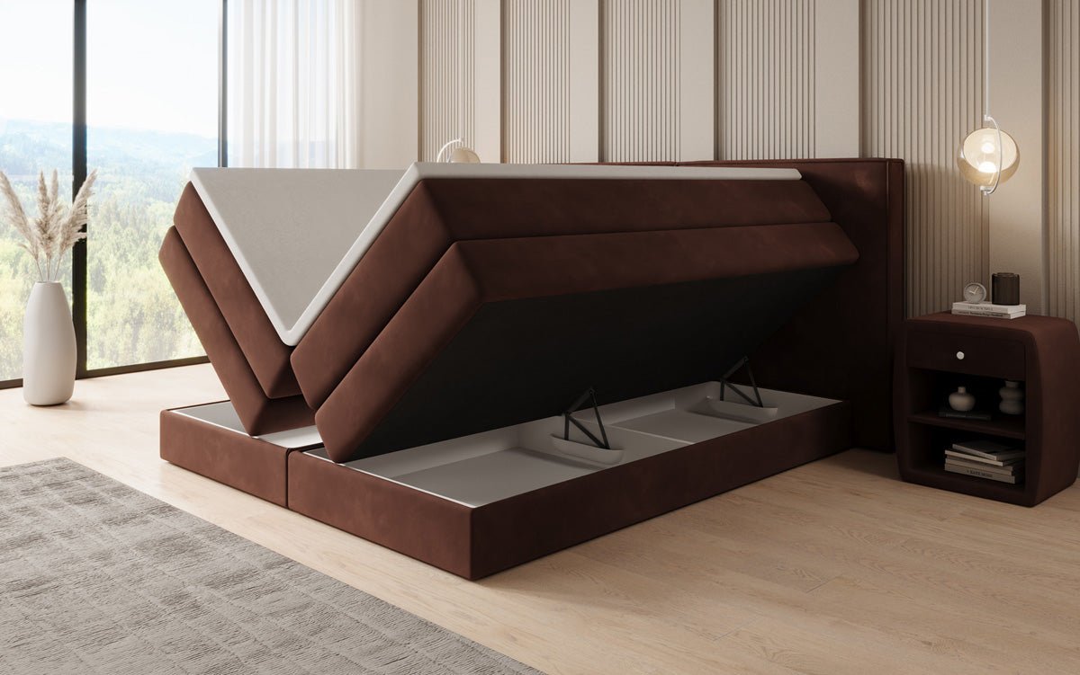 Kontinentalseng Ophelia med højløftbar opbevaring i velour