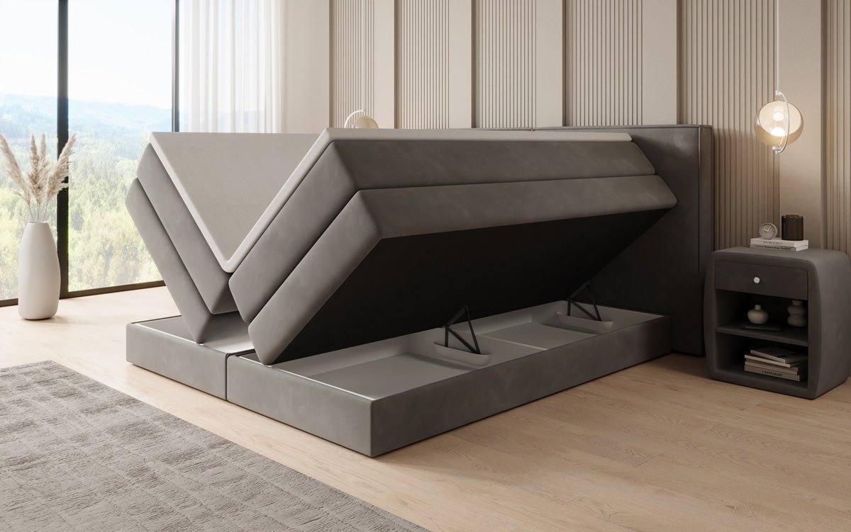 Kontinentalseng Ophelia med højløftbar opbevaring i velour