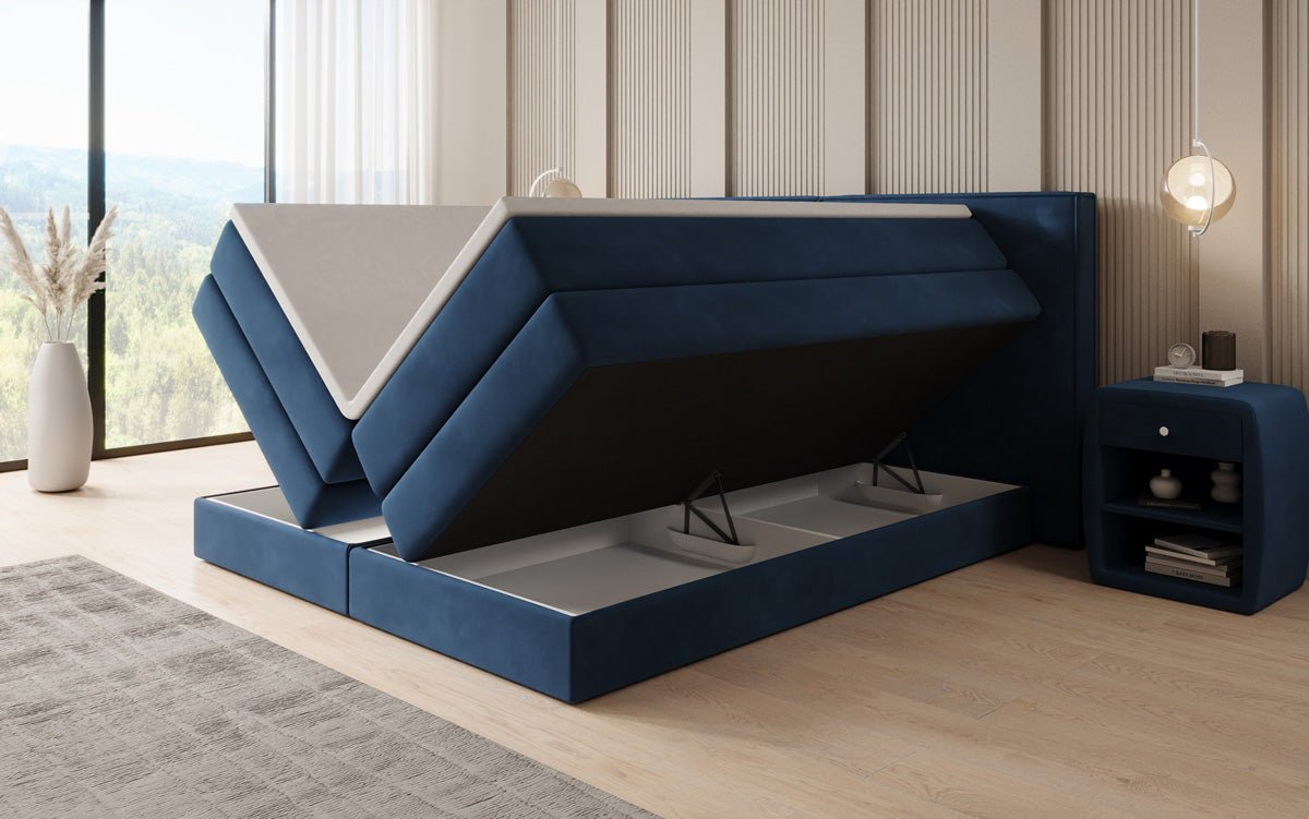 Kontinentalseng Ophelia med højløftbar opbevaring i velour