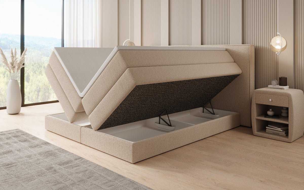 Kontinentalseng Ophelia med højløftbar opbevaringsplads i Teddy Bouclé