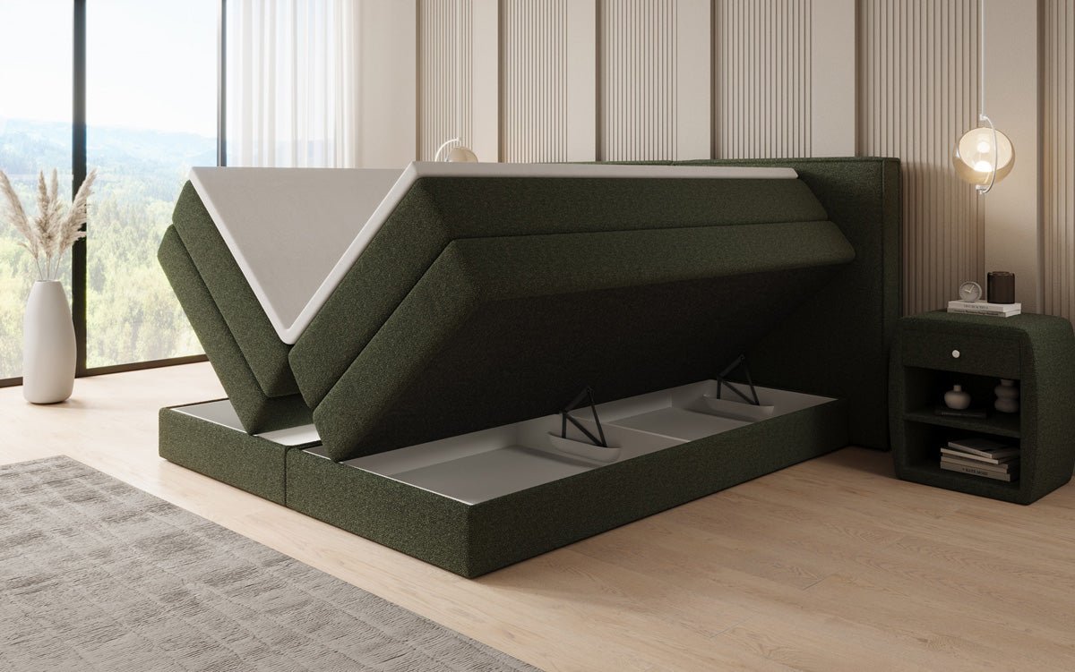 Kontinentalseng Ophelia med højløftbar opbevaringsplads i Teddy Bouclé