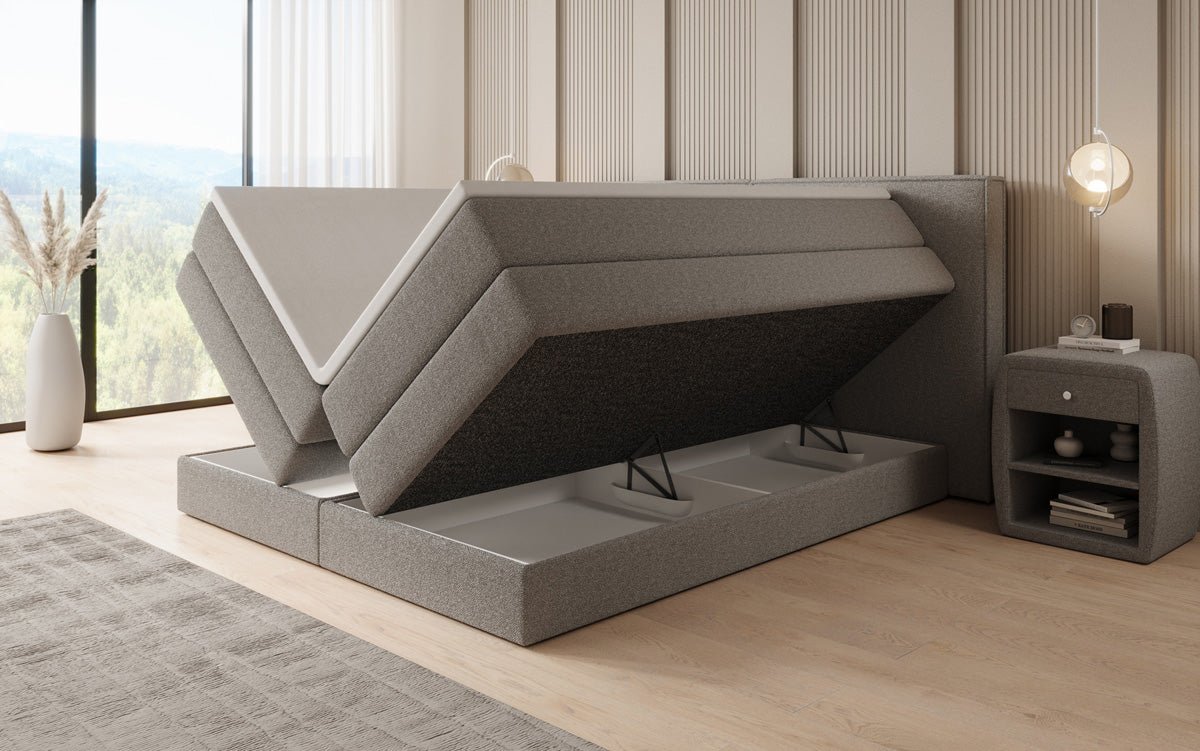 Kontinentalseng Ophelia med højløftbar opbevaringsplads i Teddy Bouclé