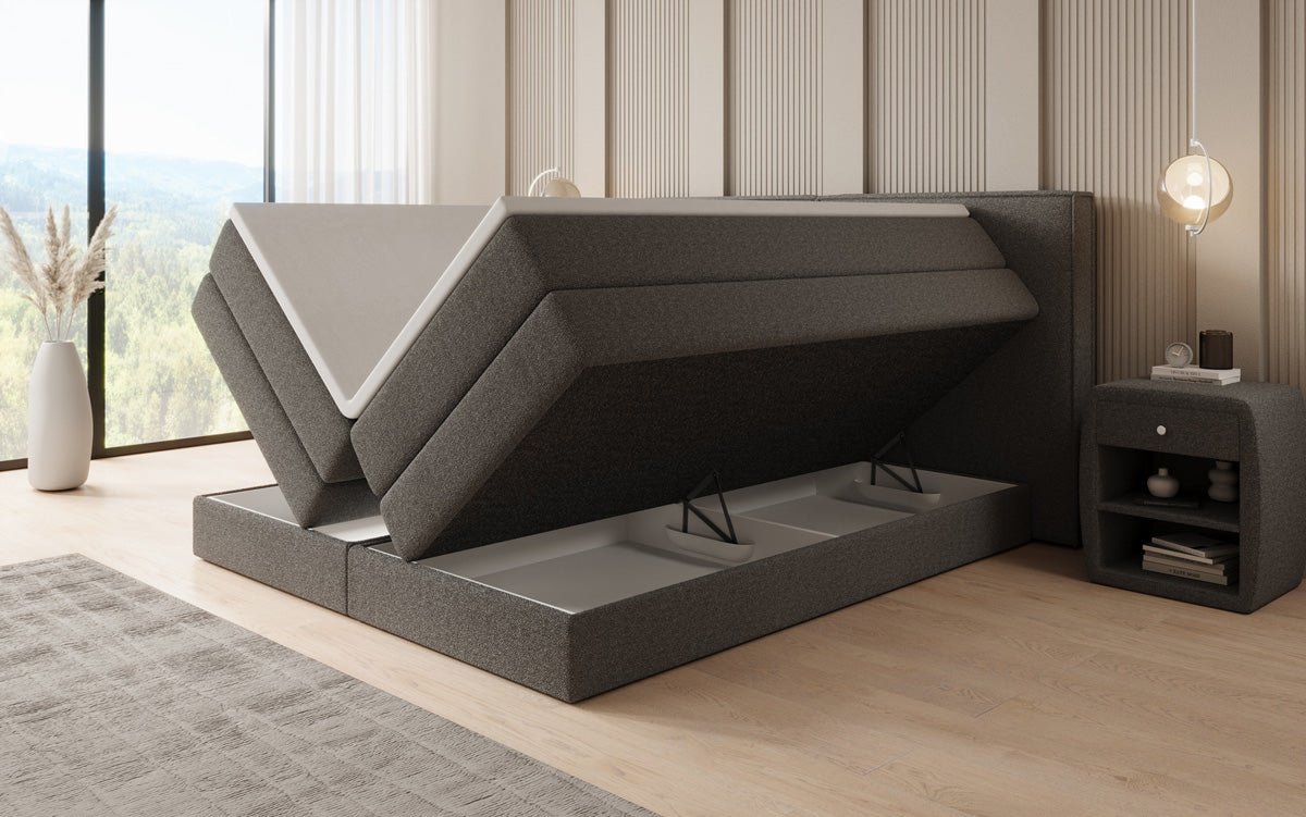 Kontinentalseng Ophelia med højløftbar opbevaringsplads i Teddy Bouclé