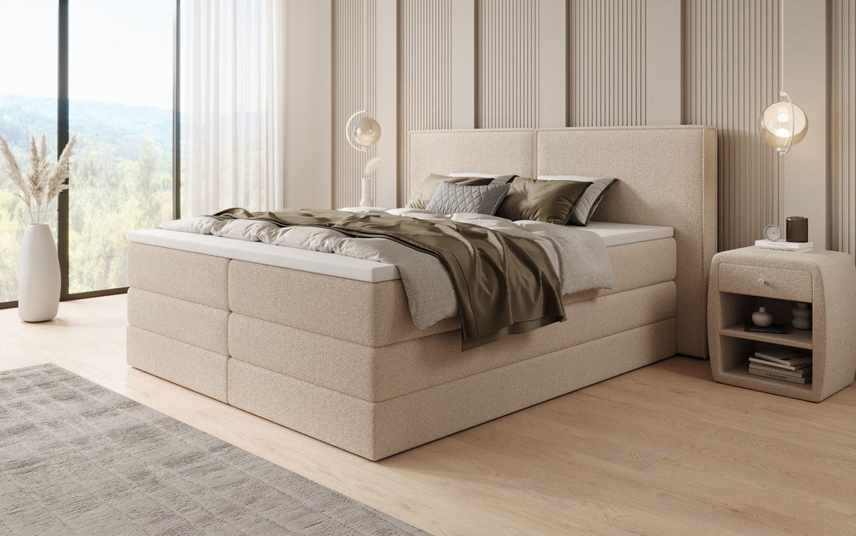 Kontinentalseng Ophelia med højløftbar opbevaringsplads i Teddy Bouclé