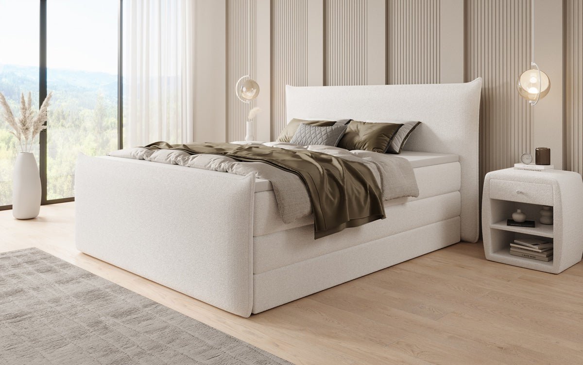 Boxspringbett Liana II mit hochklappbarem Stauraum in Teddy Bouclé