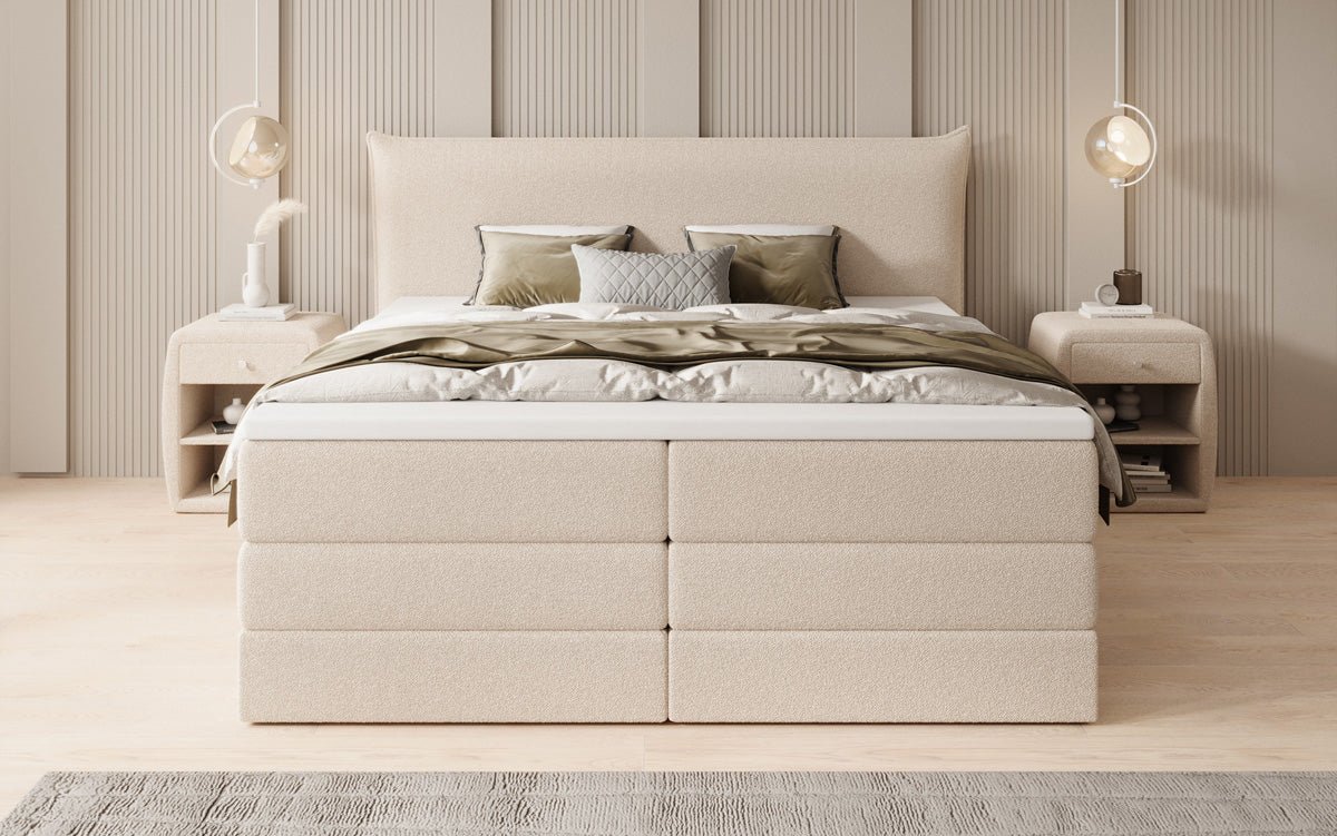Boxspringbett Liana mit hochklappbarem Stauraum in Teddy Bouclé