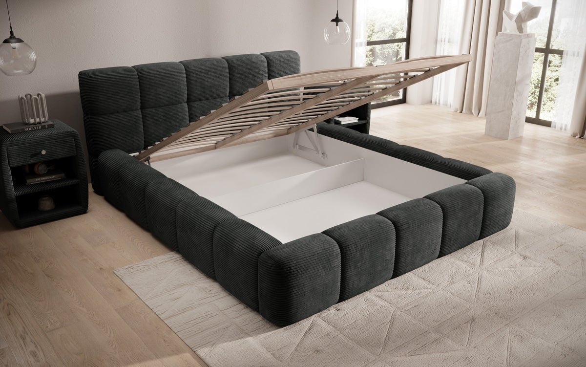 Designer polstret seng Nox i cordfløjl med opbevaring