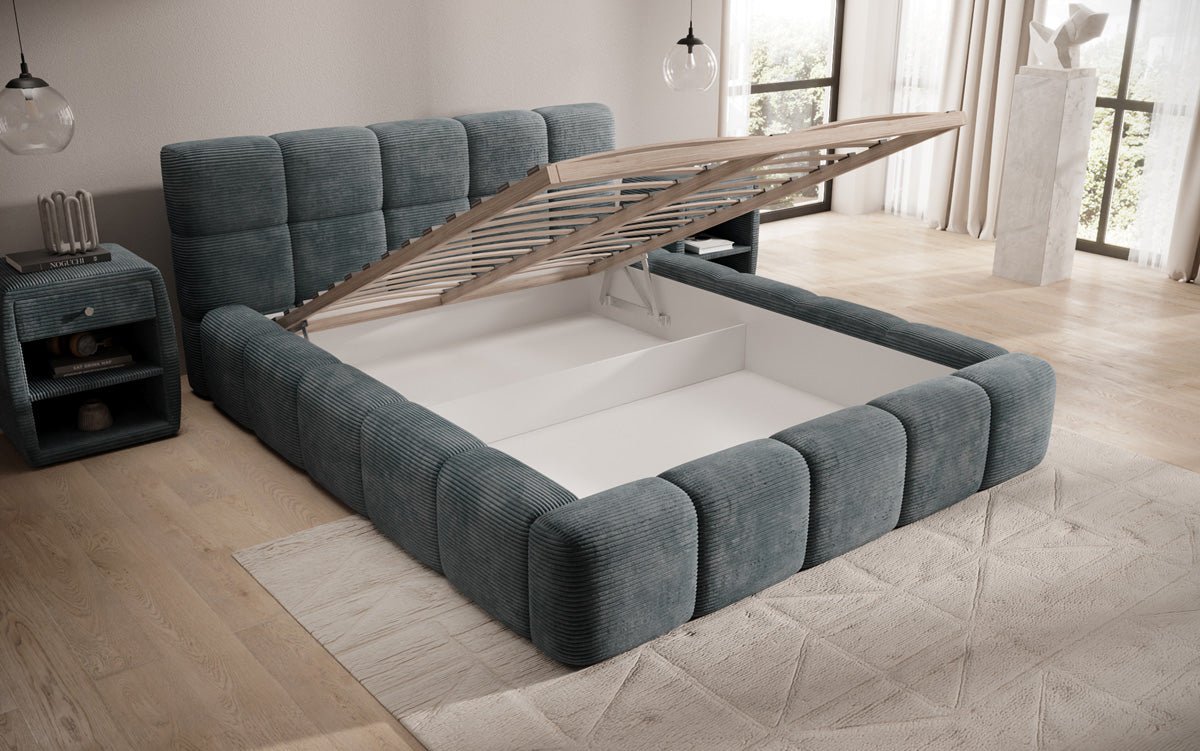 Designer polstret seng Nox i cordfløjl med opbevaring