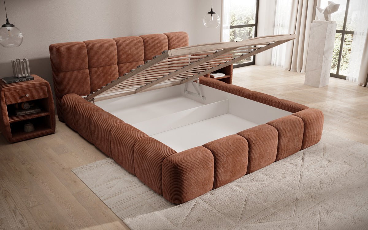 Designer polstret seng Nox i cordfløjl med opbevaring