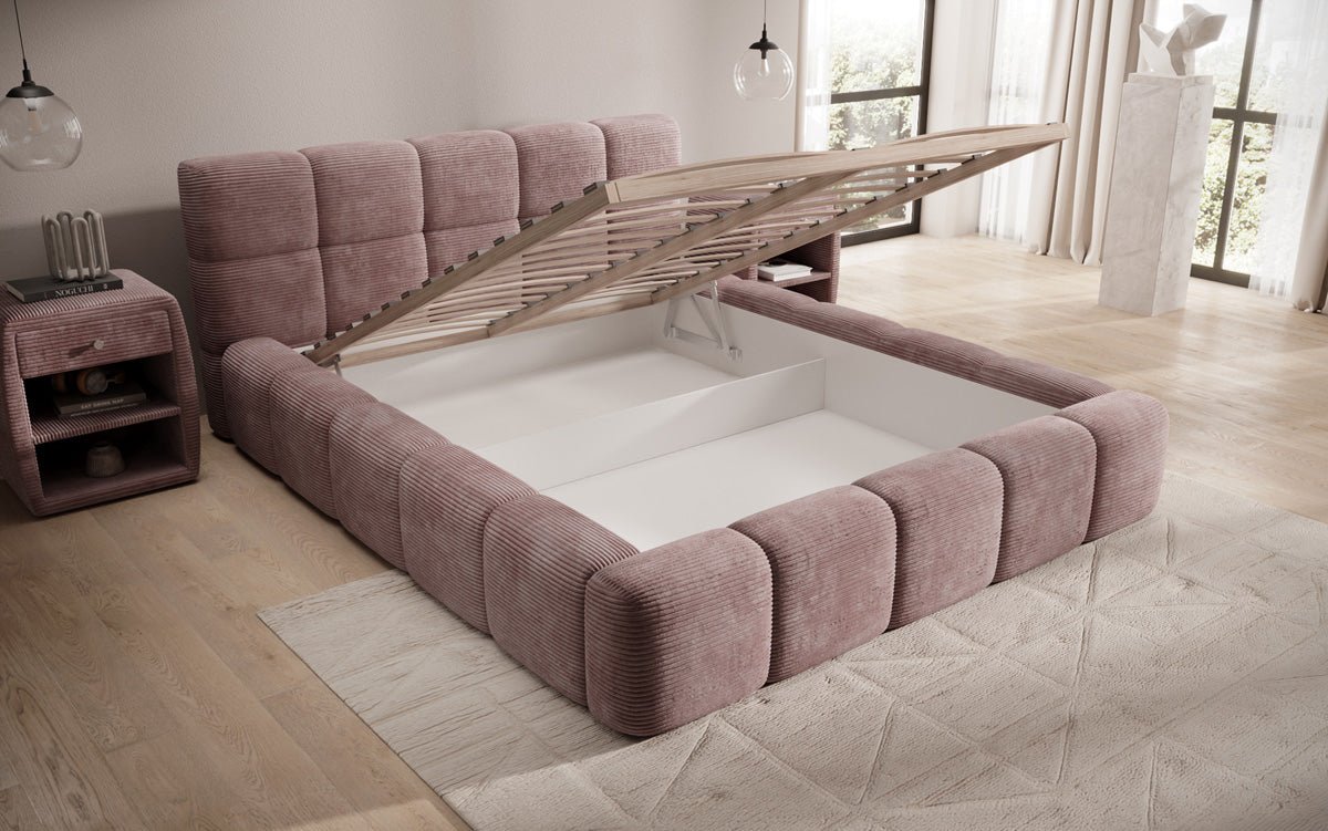 Designer polstret seng Nox i cordfløjl med opbevaring