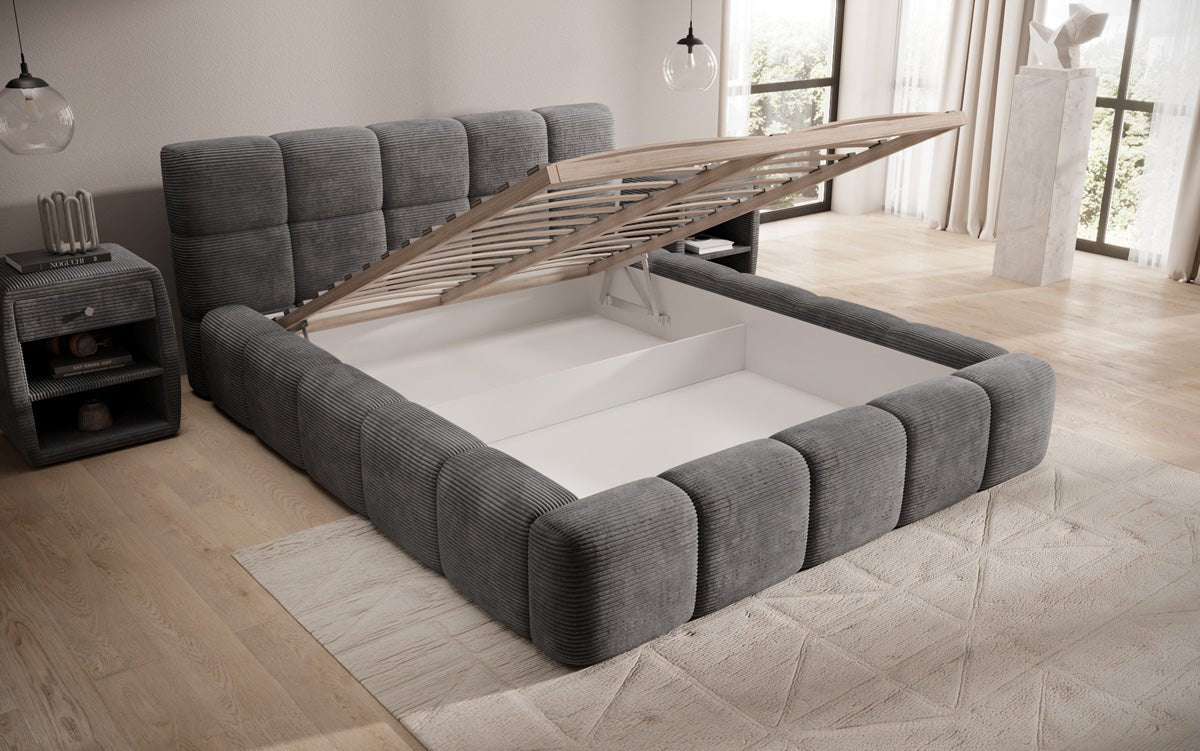 Designer polstret seng Nox i cordfløjl med opbevaring