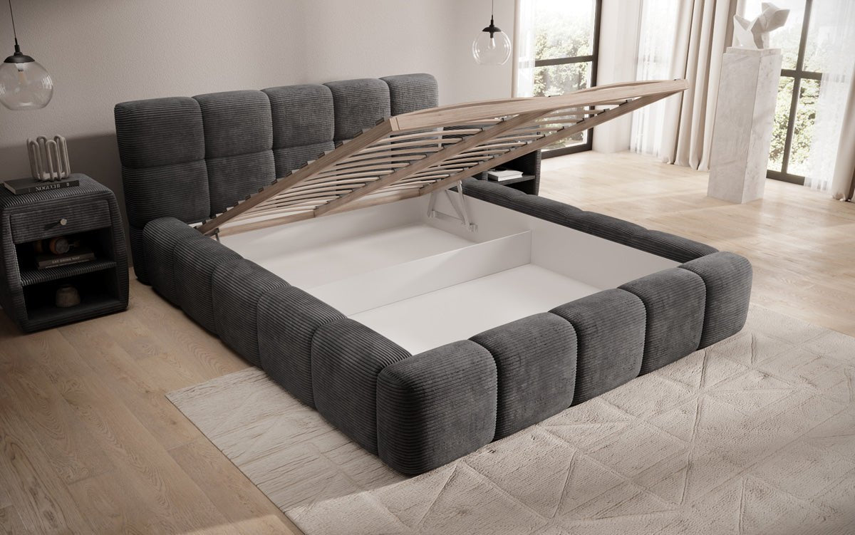 Designer polstret seng Nox i cordfløjl med opbevaring