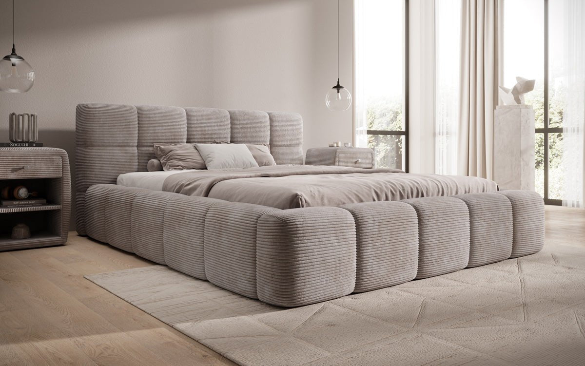 Designer polstret seng Nox i cordfløjl med opbevaring