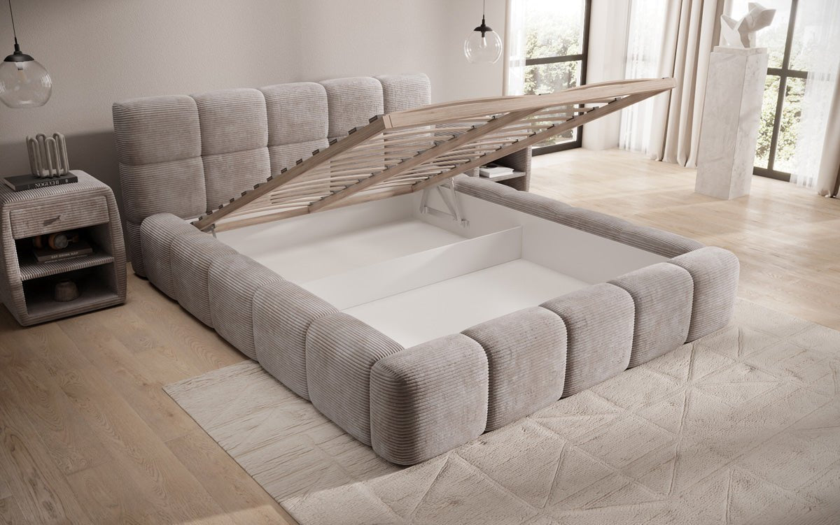 Designer polstret seng Nox i cordfløjl med opbevaring