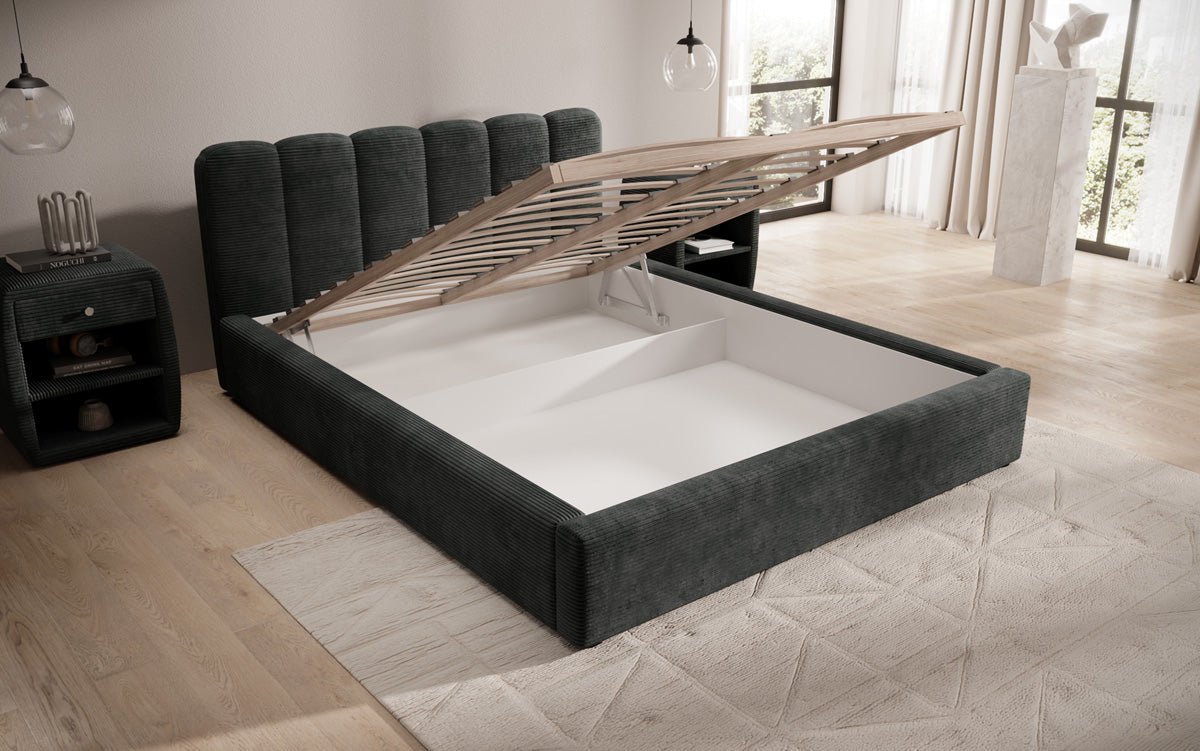 Designer polstret seng Nerra i cordfløjl med opbevaring