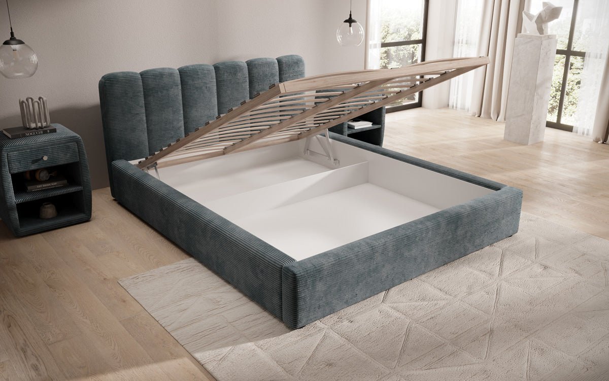 Designer polstret seng Nerra i cordfløjl med opbevaring
