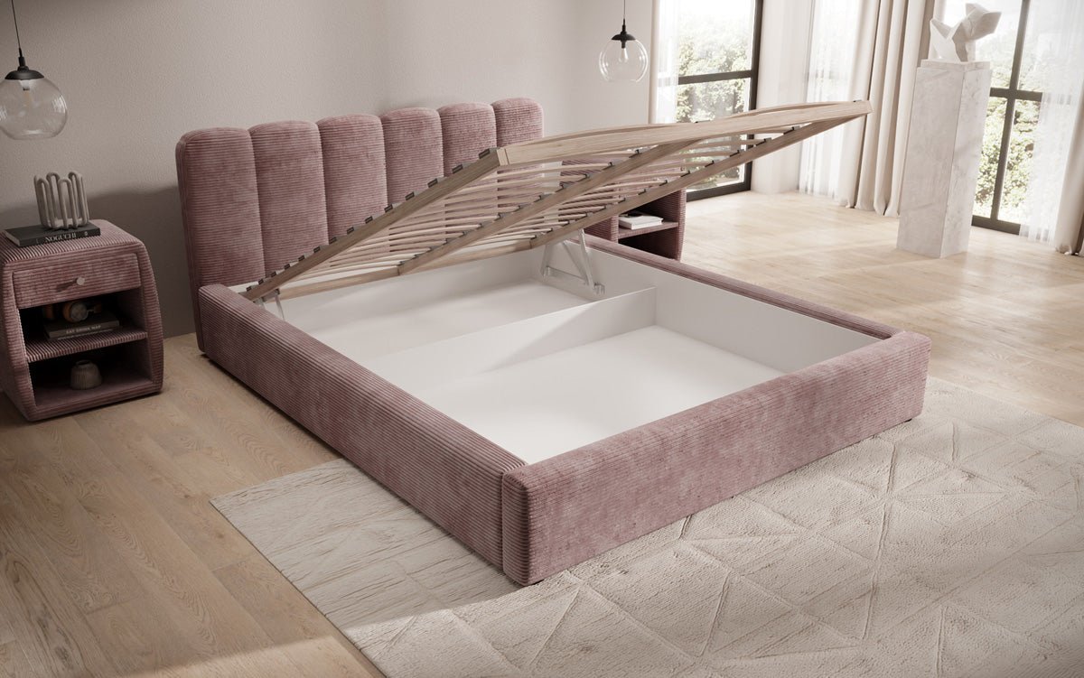 Designer polstret seng Nerra i cordfløjl med opbevaring