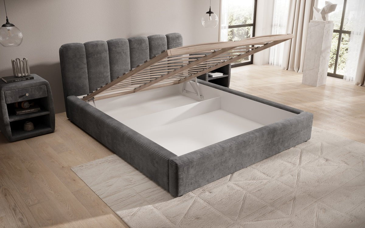 Designer polstret seng Nerra i cordfløjl med opbevaring