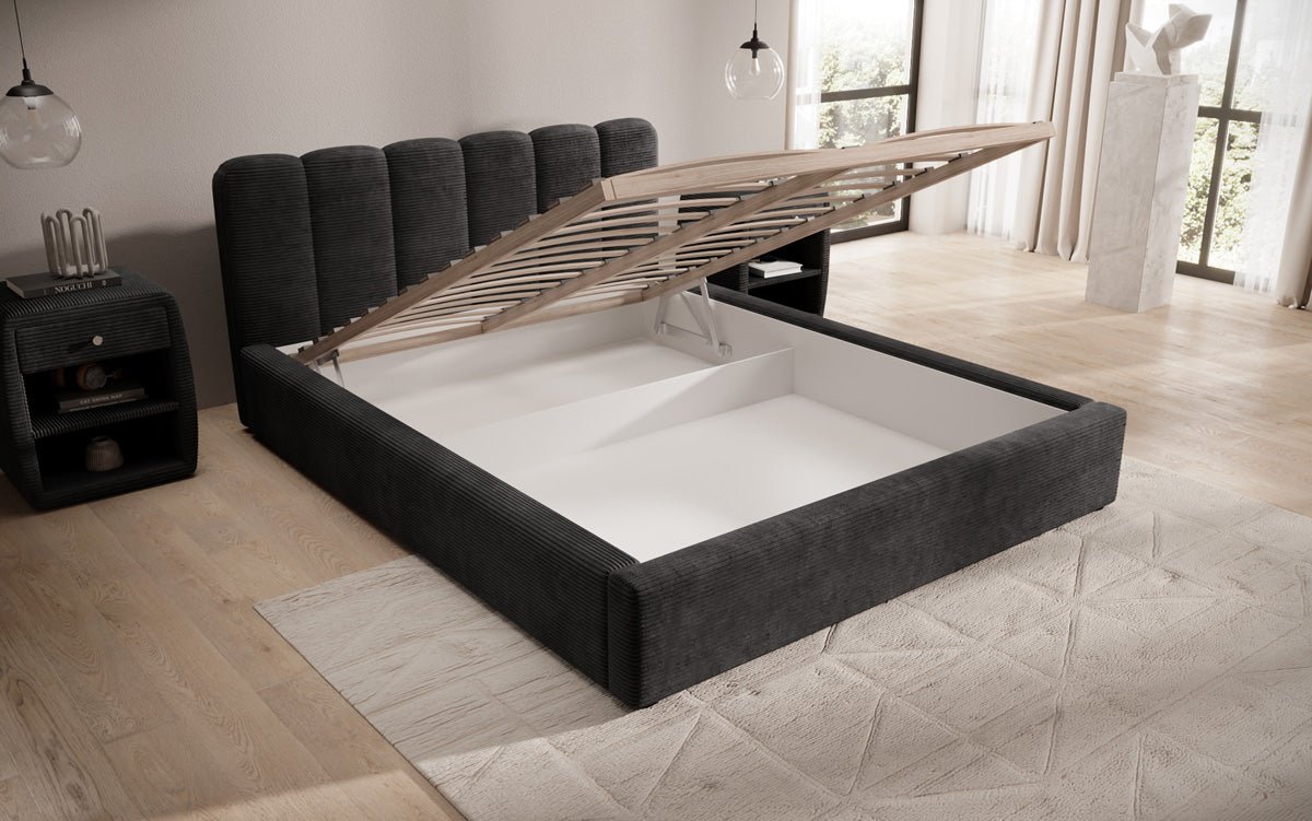 Designer polstret seng Nerra i cordfløjl med opbevaring