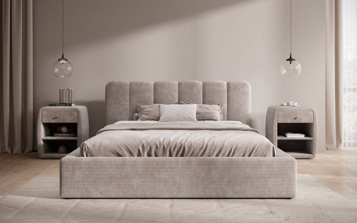 Designer polstret seng Nerra i cordfløjl med opbevaring