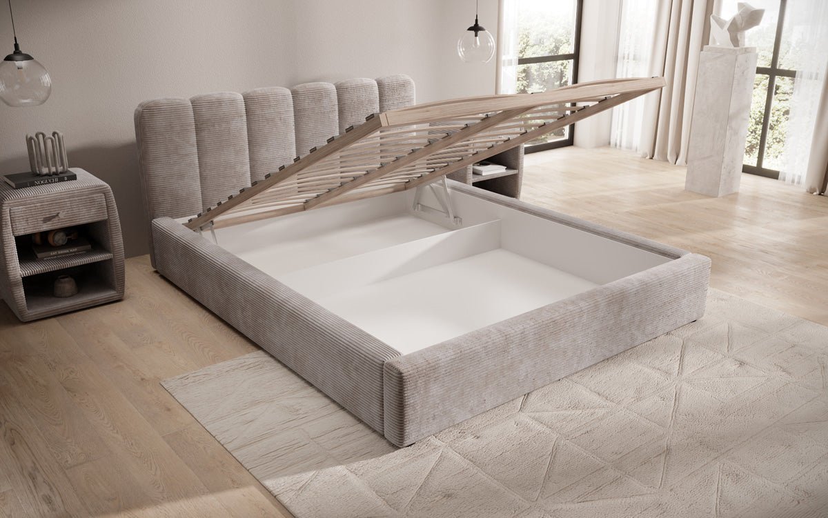 Designer polstret seng Nerra i cordfløjl med opbevaring