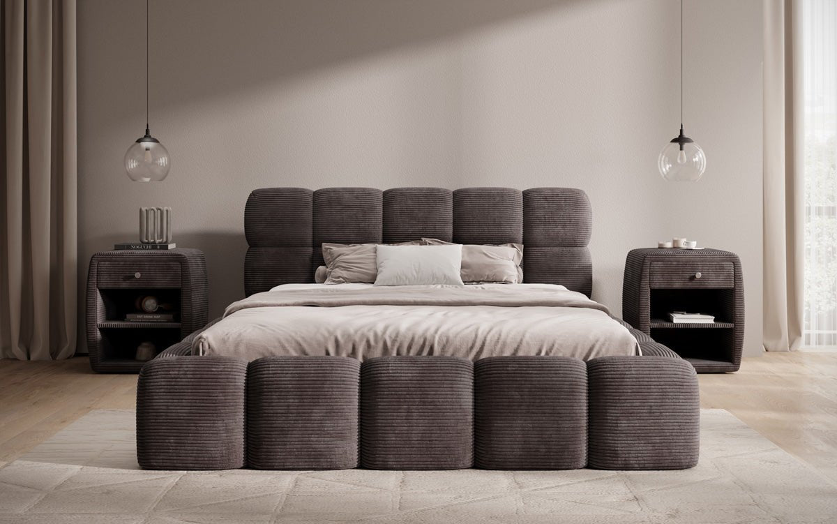 Designer polstret seng Noeva i cordfløjl med opbevaringsplads
