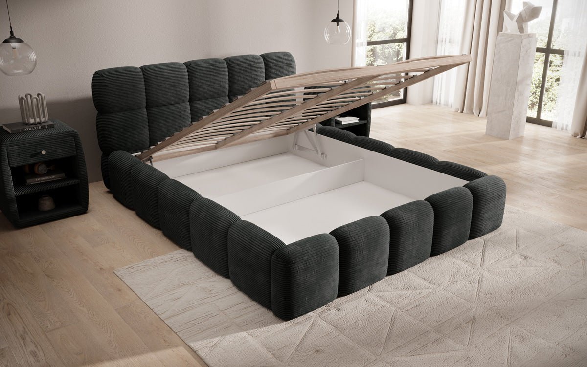 Designer polstret seng Noeva i cordfløjl med opbevaringsplads
