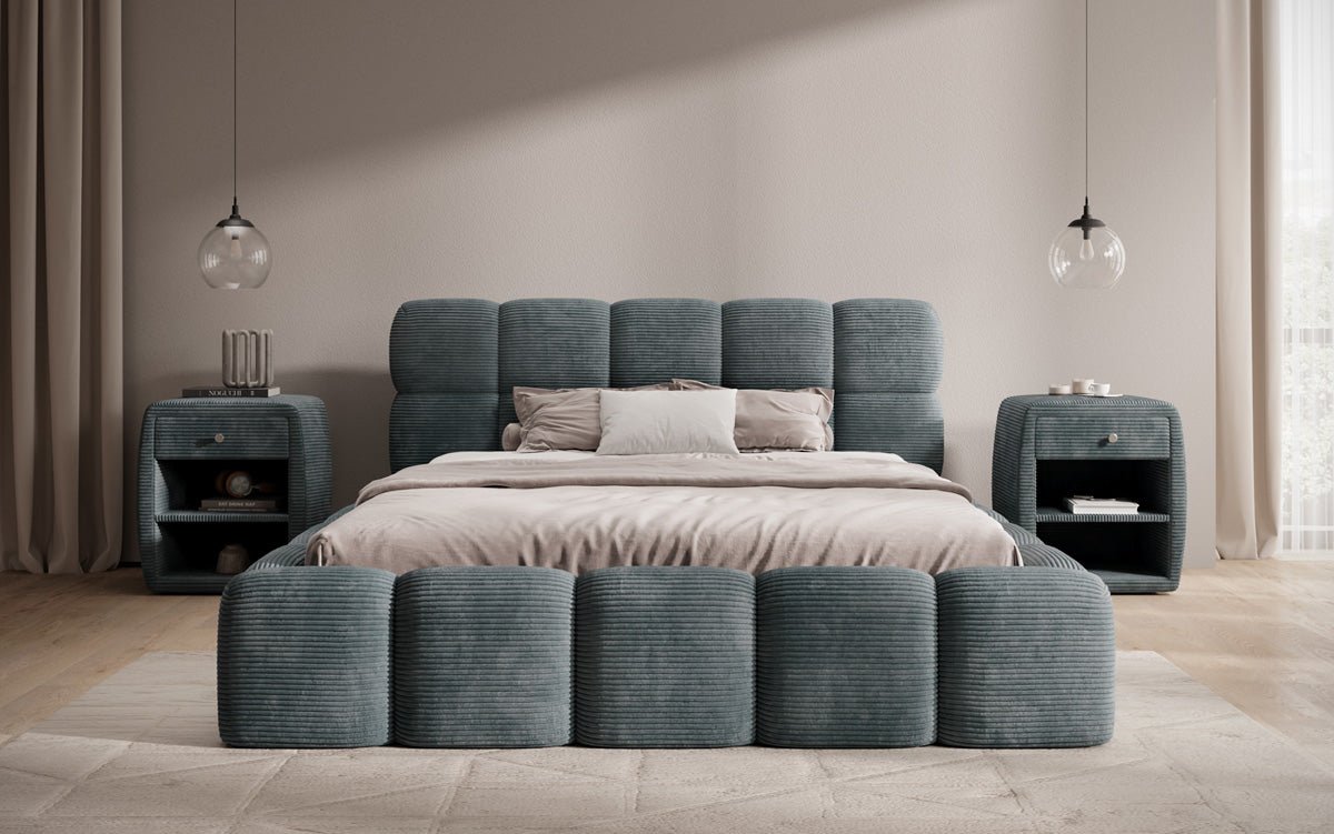 Designer polstret seng Noeva i cordfløjl med opbevaringsplads