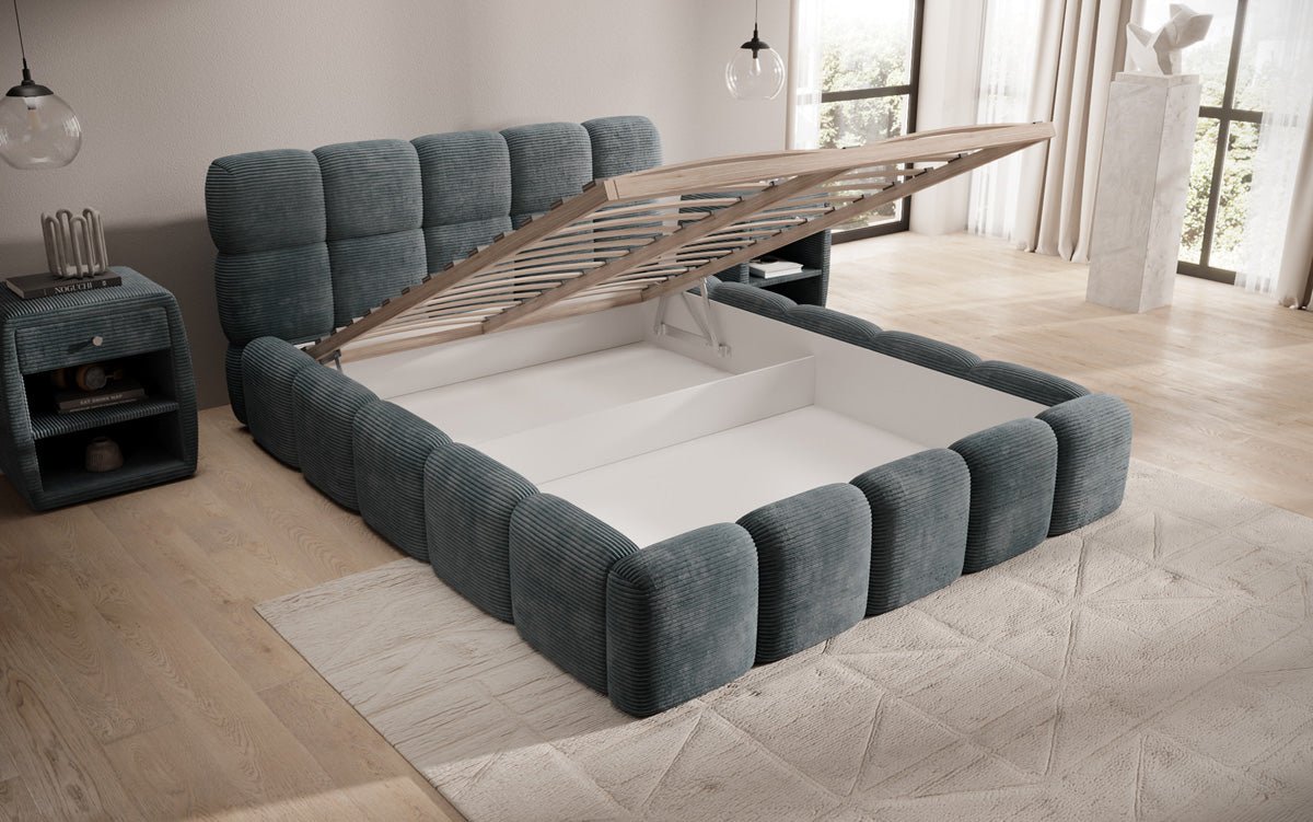 Designer polstret seng Noeva i cordfløjl med opbevaringsplads