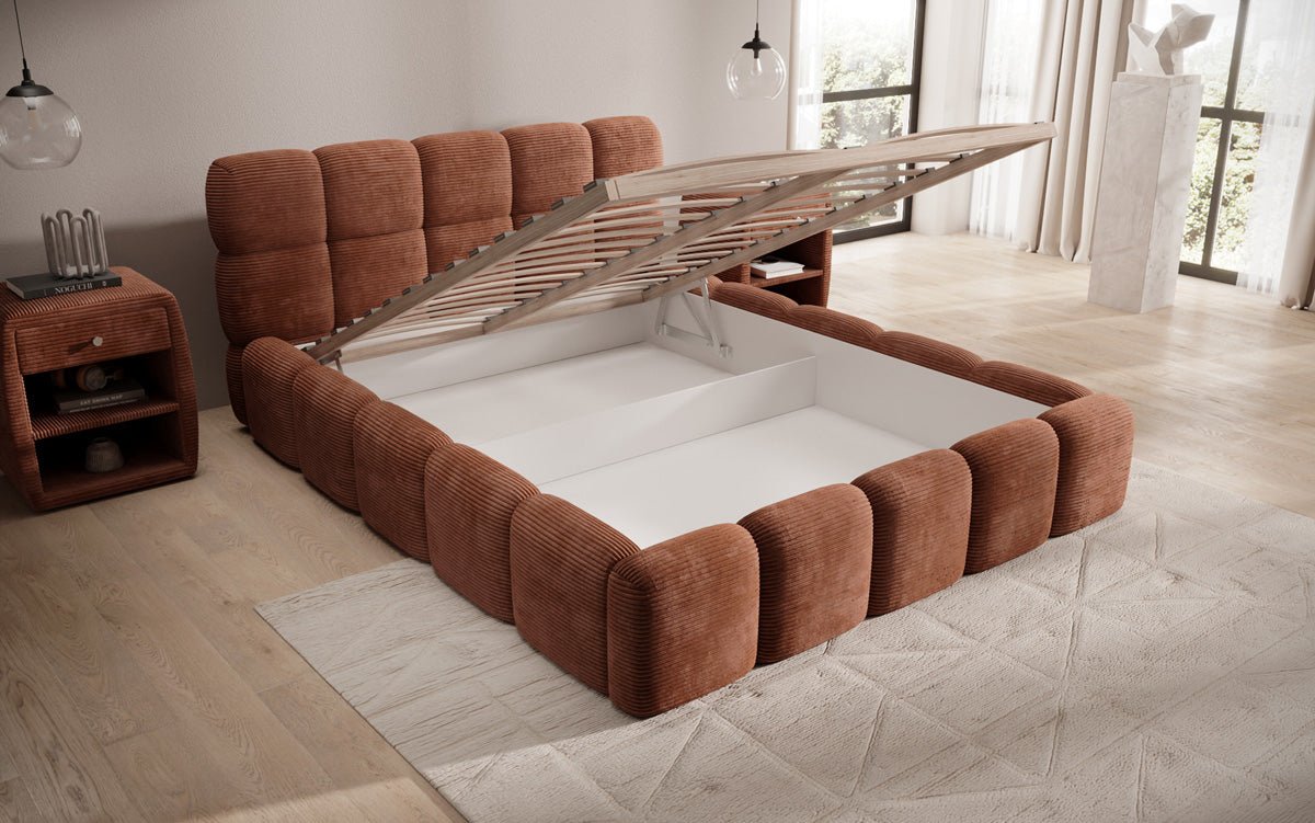 Designer polstret seng Noeva i cordfløjl med opbevaringsplads