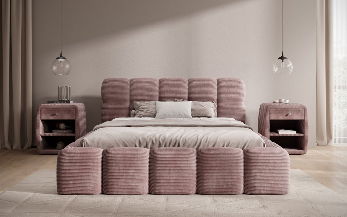 Designer polstret seng Noeva i cordfløjl med opbevaringsplads