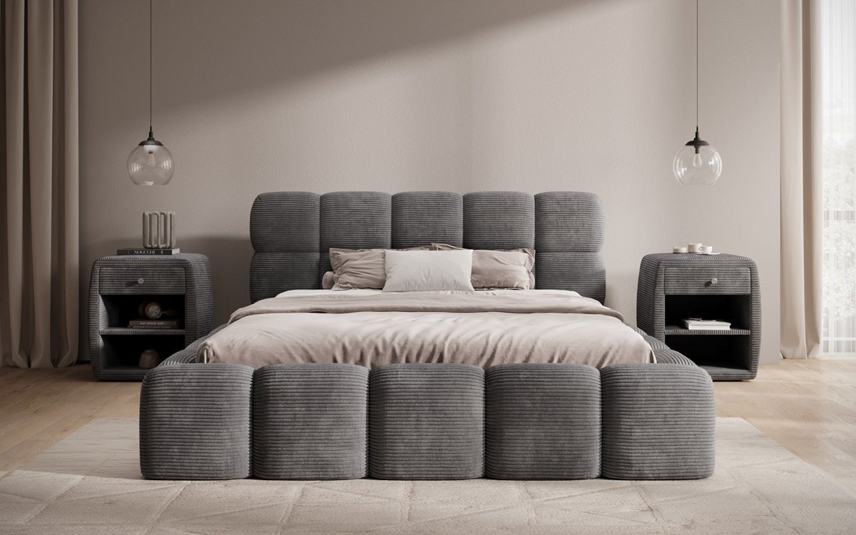 Designer polstret seng Noeva i cordfløjl med opbevaringsplads