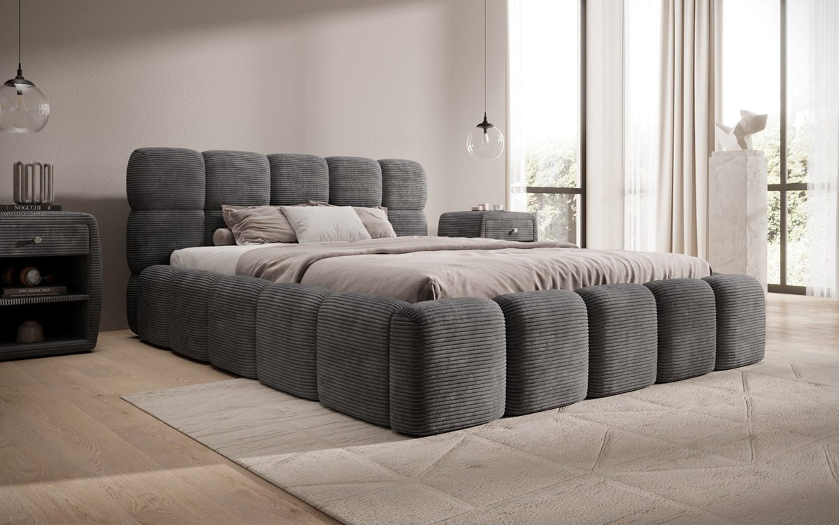 Designer polstret seng Noeva i cordfløjl med opbevaringsplads