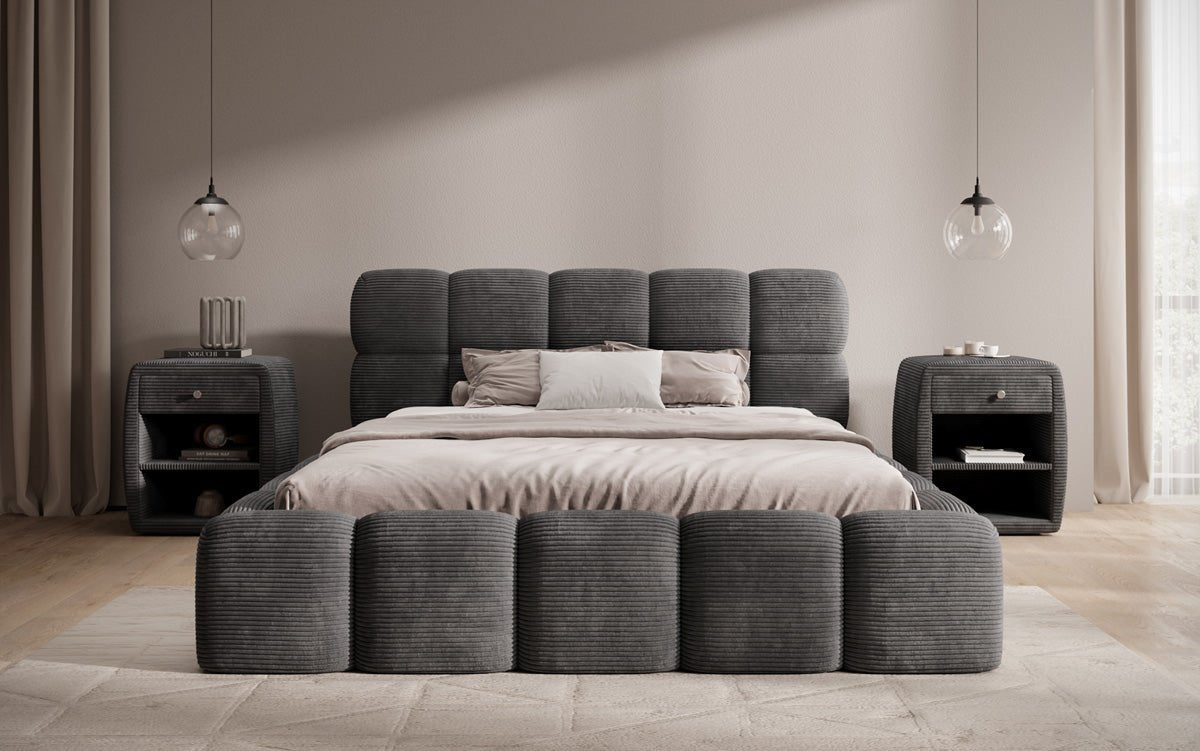 Designer polstret seng Noeva i cordfløjl med opbevaringsplads