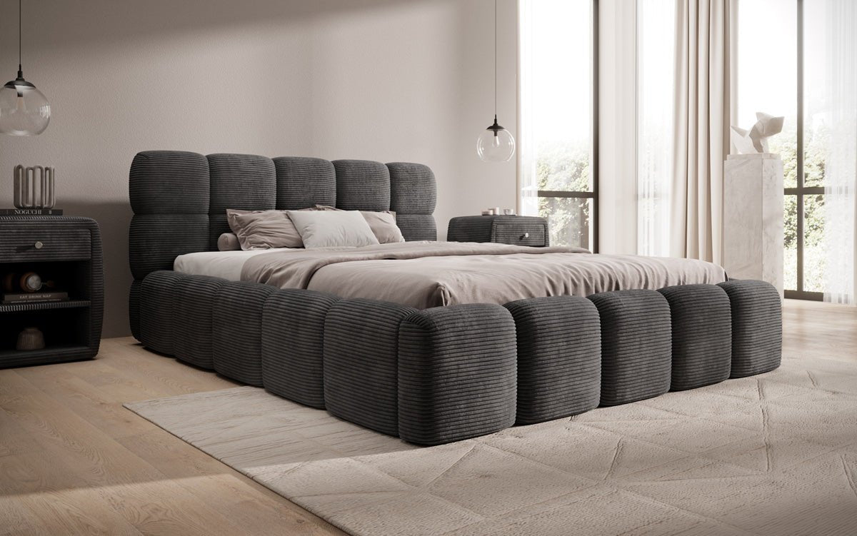 Designer polstret seng Noeva i cordfløjl med opbevaringsplads